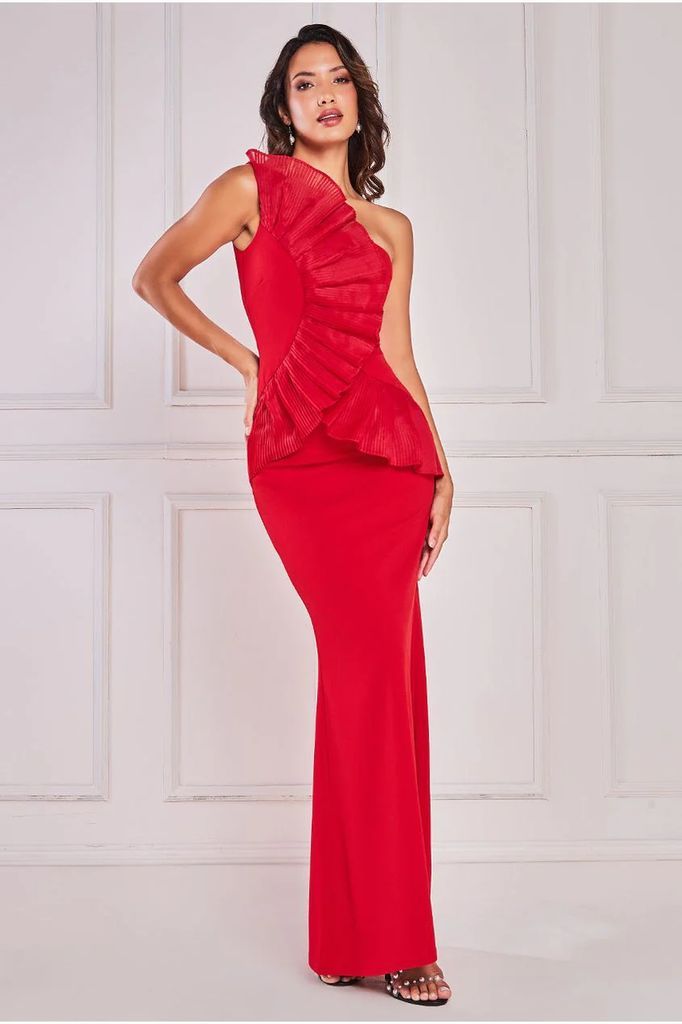 One Shoulder Pleated Fan Maxi - Red