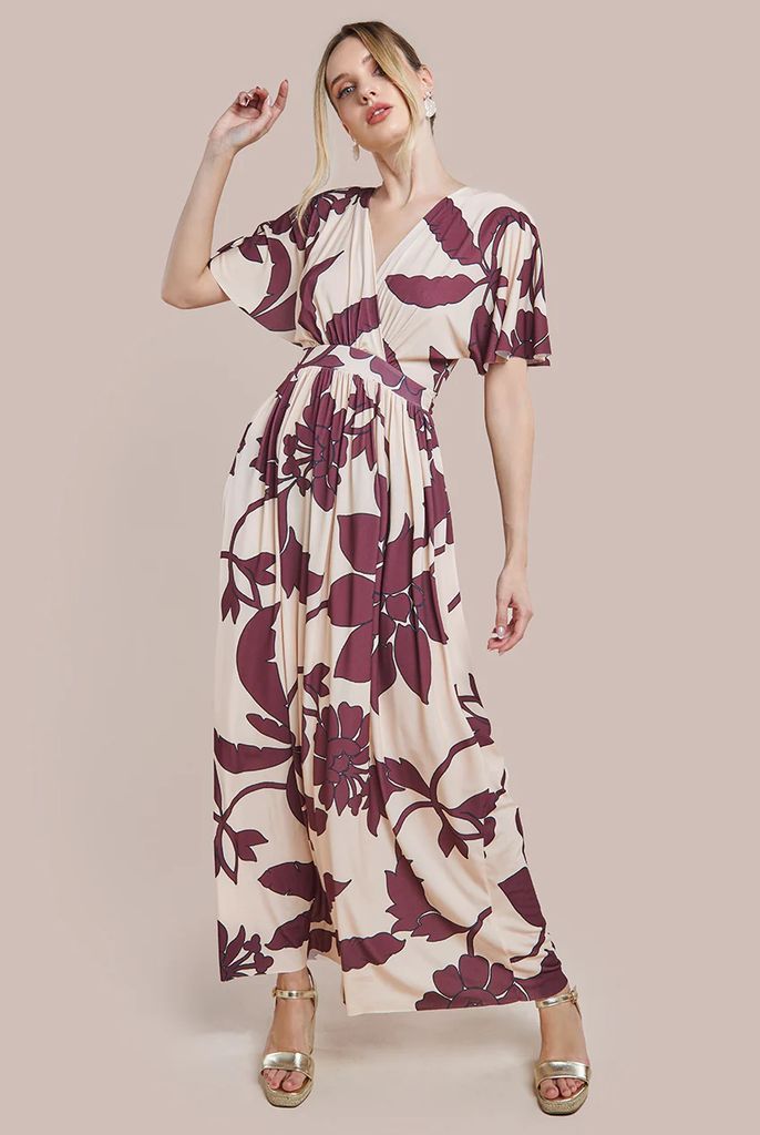 Leaf Print Flutter Sleeve Maxi Dress - Cream