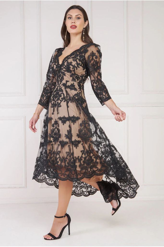 Scalloped Lace Dipped Hem Midi Dress - Black