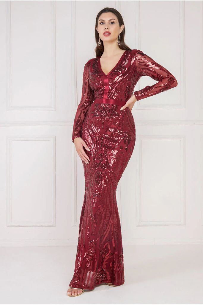 Embroidered Sequin Maxi Dress - Wine