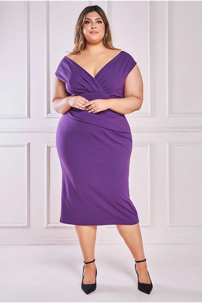 Scuba Bardot Pleated Midi Dress - Purple