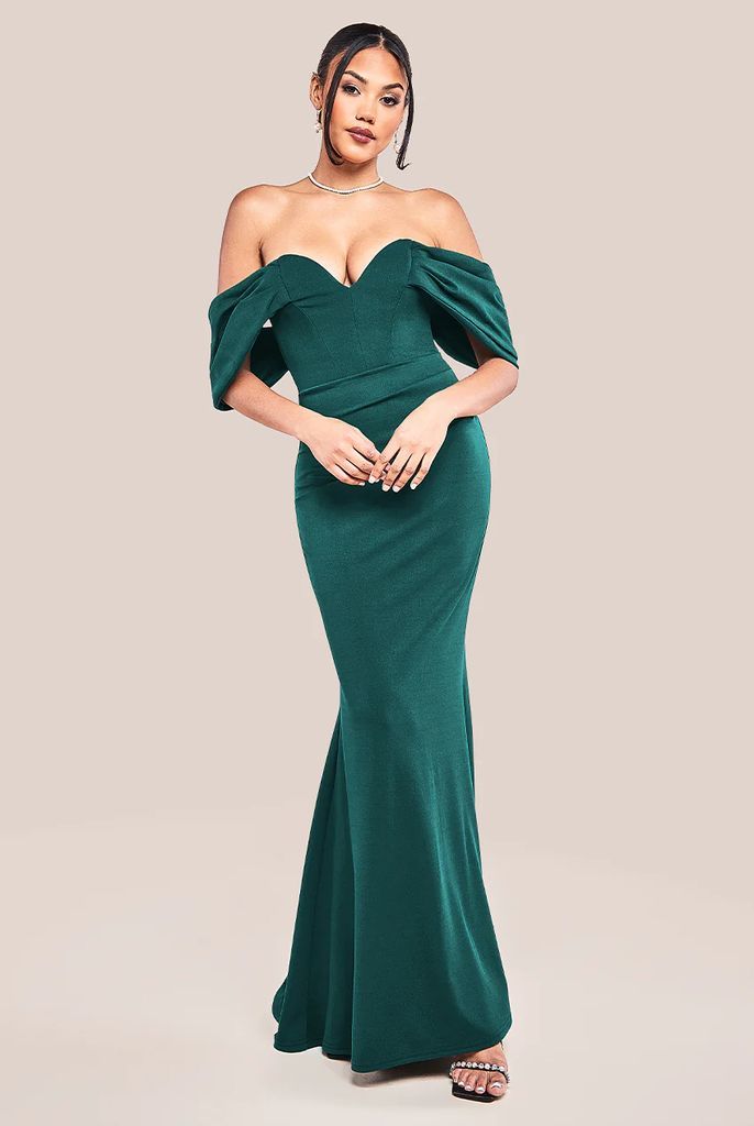 Off The Shoulder Draped Sleeve Maxi Dress - Emerald Green