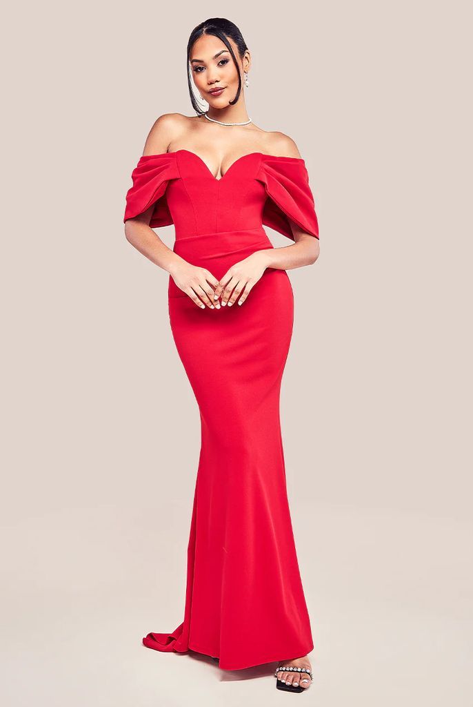 Off The Shoulder Draped Sleeve Maxi Dress - Red