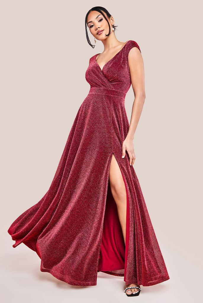 Crossover Lurex Glitter Maxi Dress - Wine