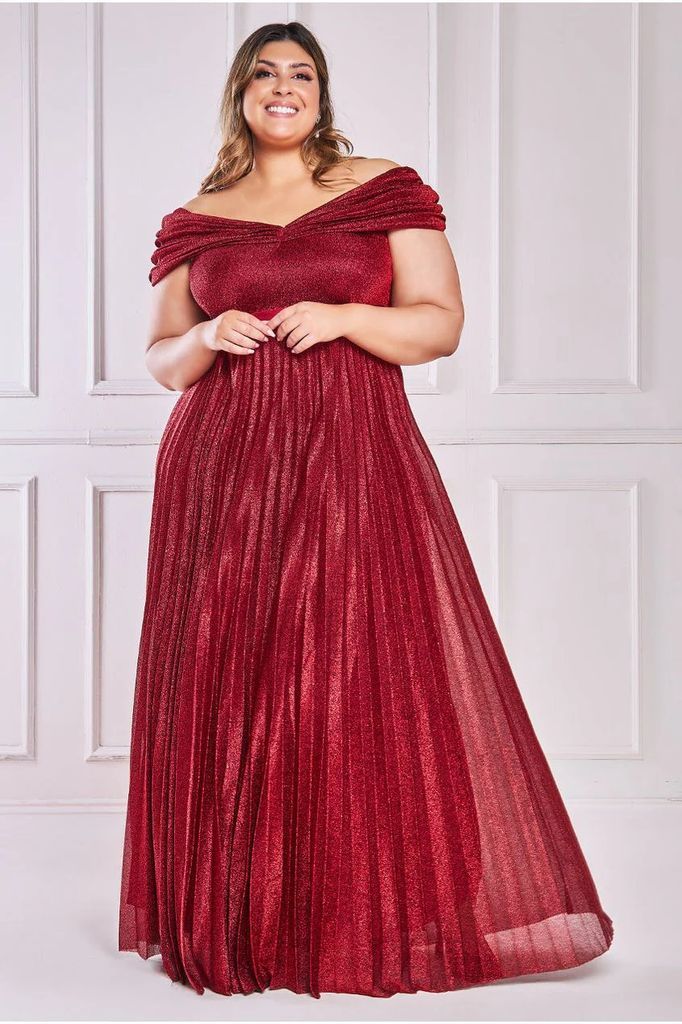 Bardot Pleated Skirt Maxi Dress - Red