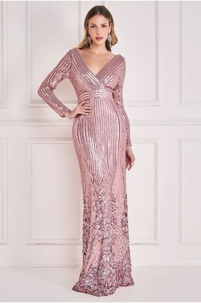 Long Sleeve Sequin V Wrap Maxi Dress - Blush