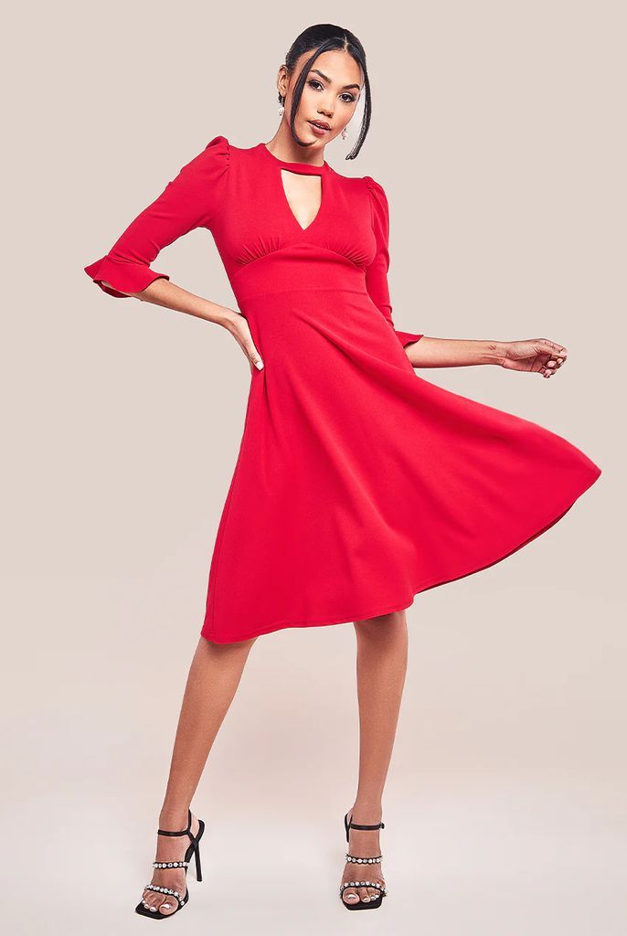 Flared Sleeve Midi Dress - Red