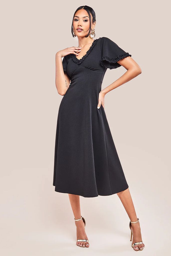 Flare Sleeve Frill Edge Midi Dress - Black