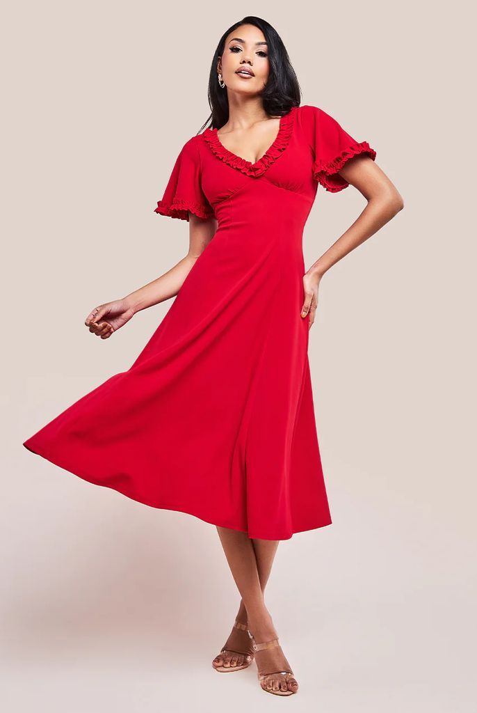 Flare Sleeve Frill Edge Midi Dress - Red