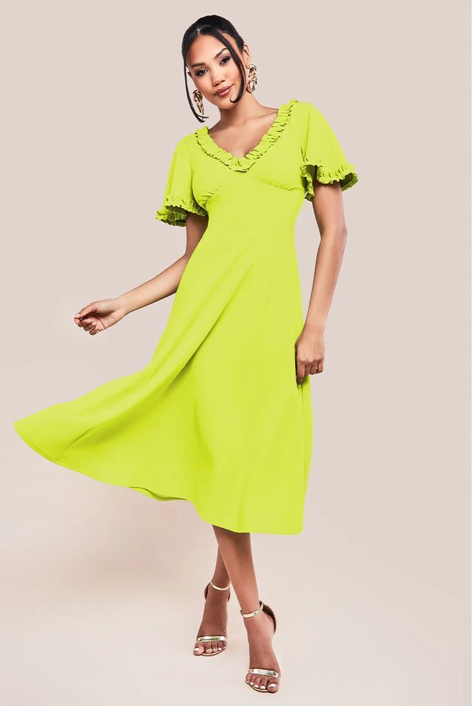 Flare Sleeve Frill Edge Midi Dress - Lime Green