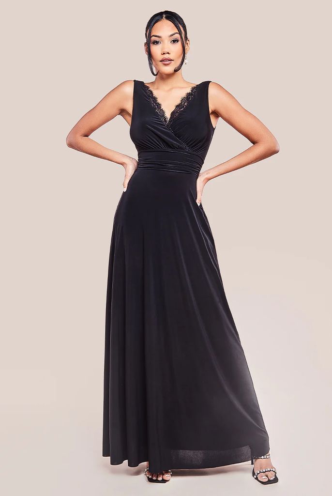 Diamante & Scalloped Lace Neck Maxi Dress - Black