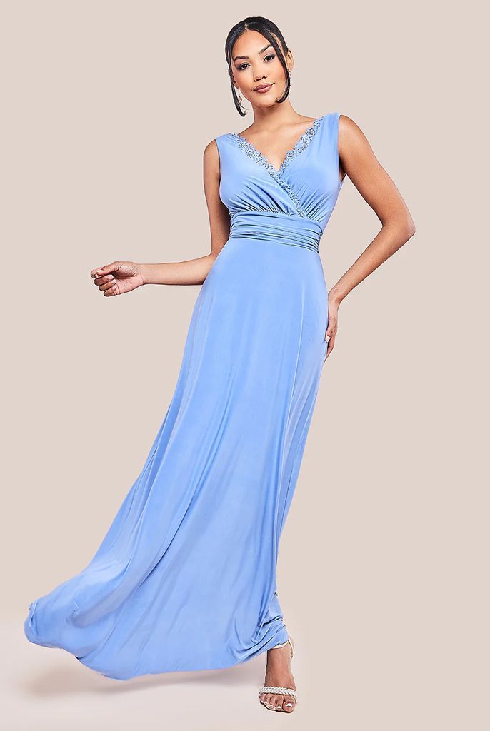 Diamante & Scalloped Lace Neck Maxi Dress - Cornflower Blue