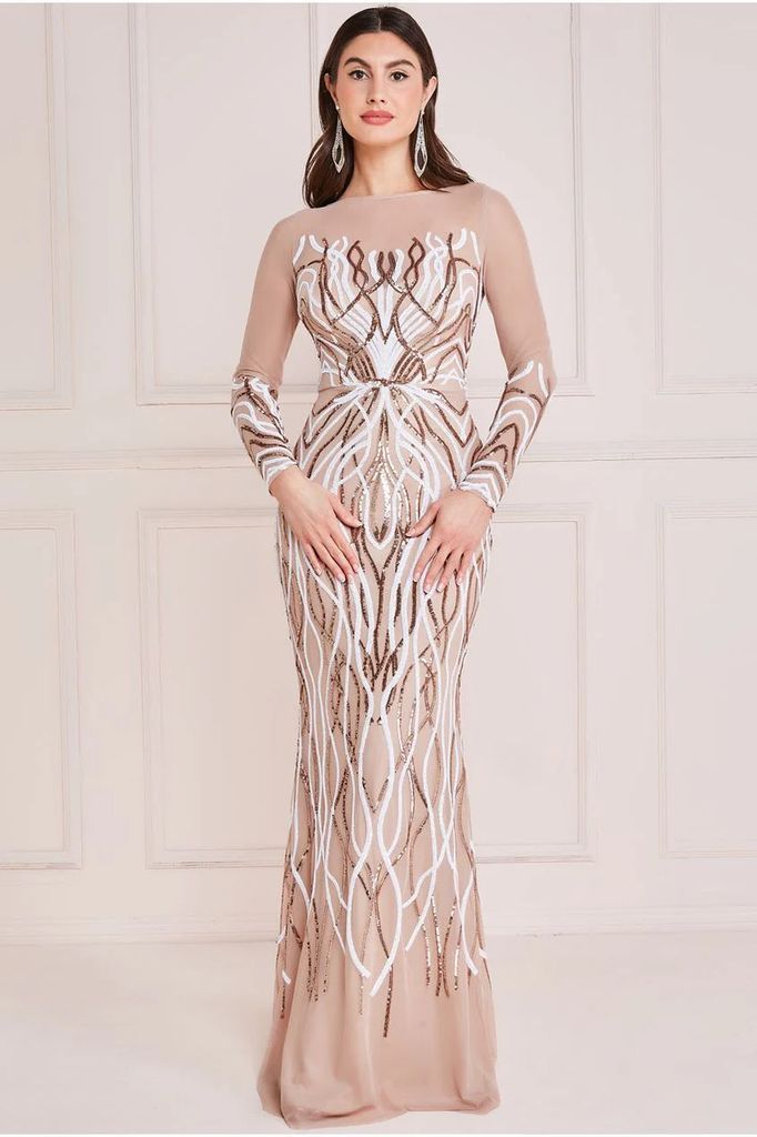 Long Sleeve Sequin Flame Maxi - Champagne