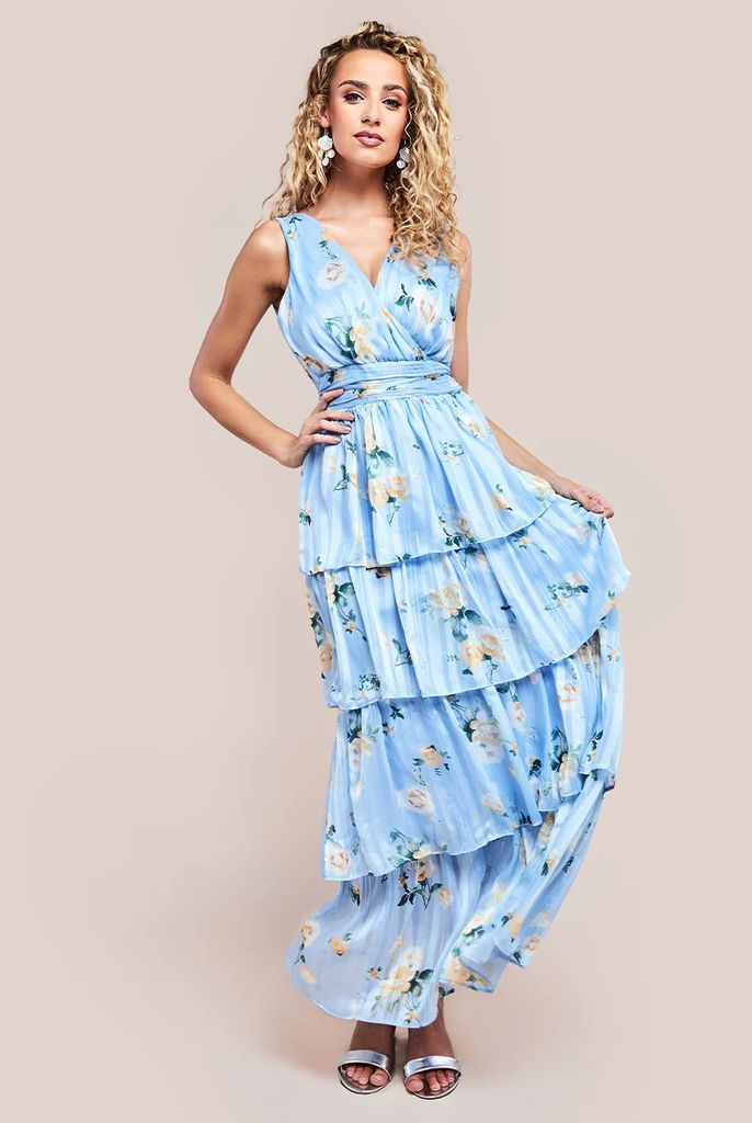 Tiered Chiffon Floral Maxi Dress - Powder Blue