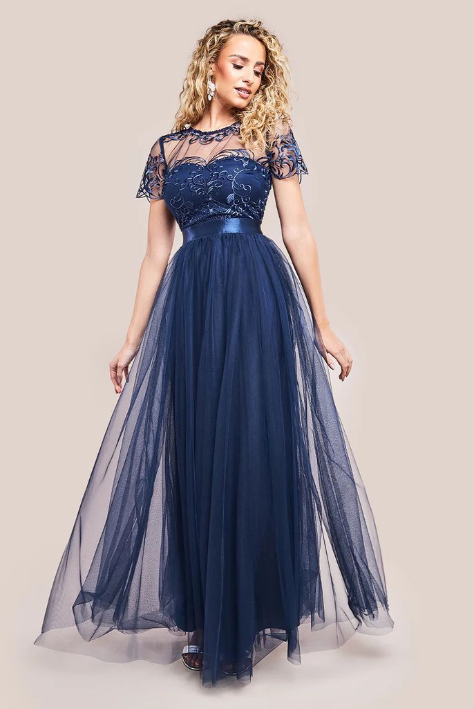 Embroidered Mesh Maxi Dress - Navy