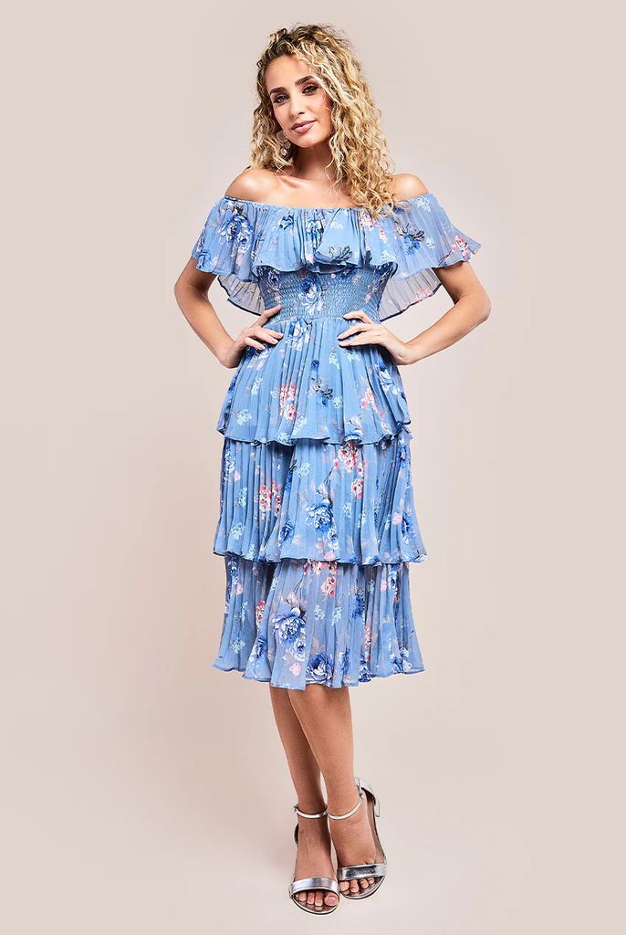Pleated Bodice Chiffon Tiered Midi Dress - Blue