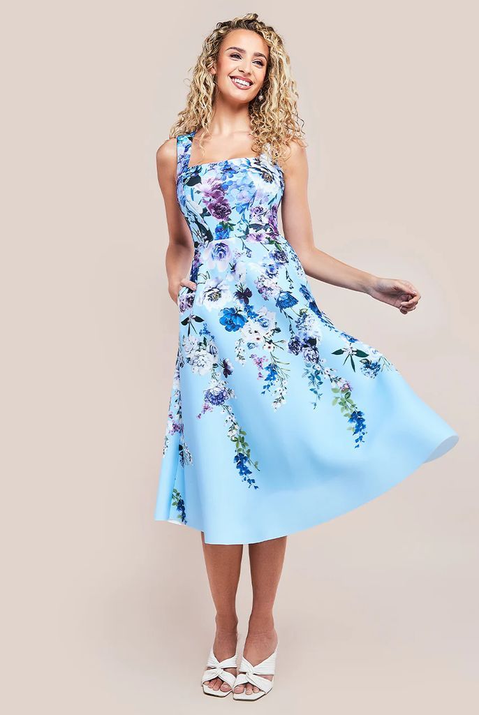 Scuba Foam Floral Midi Dress - Blue