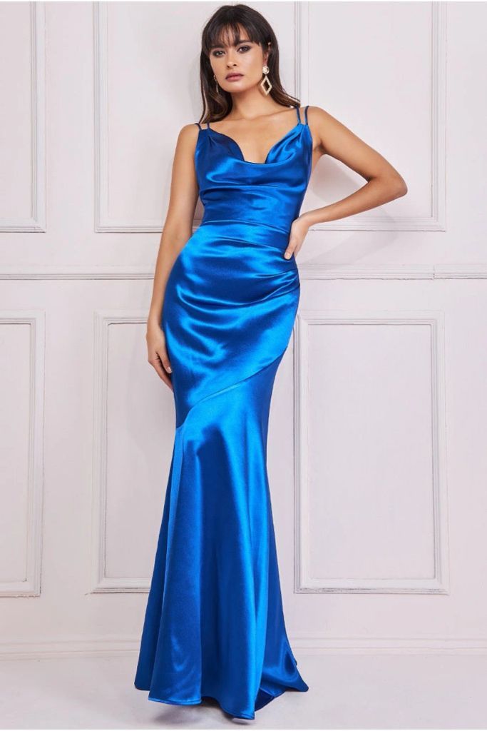 Cowl Neck With Strappy Back Satin Maxi - Royal Blue