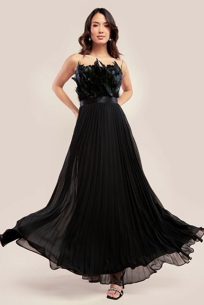 Feather Off The Shoulder Pleated Evening Maxi Dress - Black