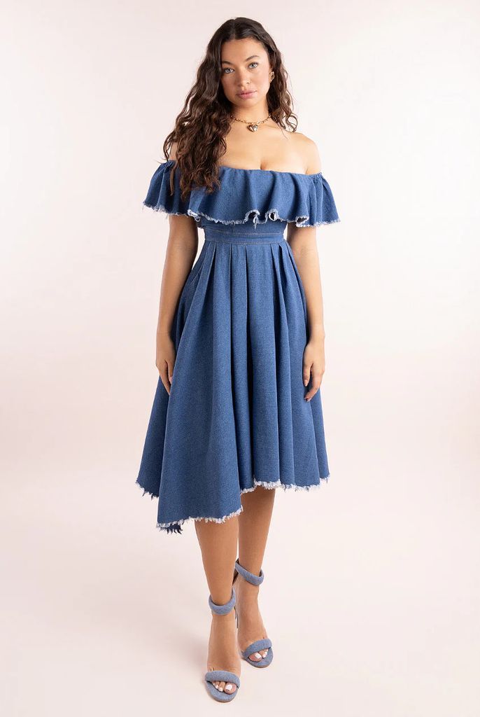 Denim Frilled Bardot High Low Dress - Blue Denim