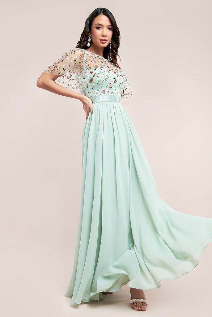 Embroidered Top Flutter Sleeve Maxi - Sage Green