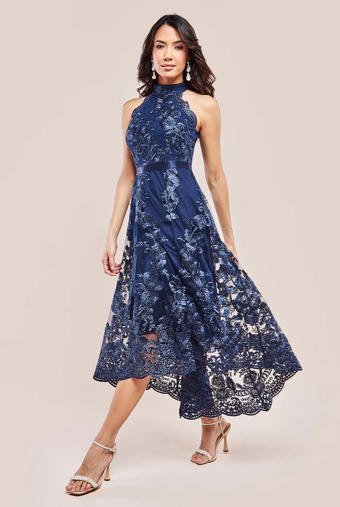 Halter Neck Lace High And Low Dress - Navy