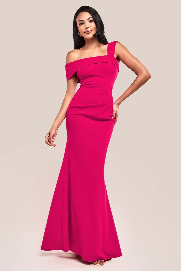 Off The Shoulder Pleated Waist Maxi Dress - Hot Pink