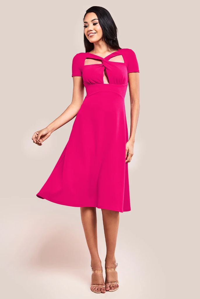 Scuba Crepe Twist Cutout Midi Dress - Hot Pink