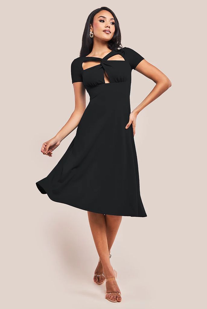 Scuba Crepe Twist Cutout Midi Dress - Black