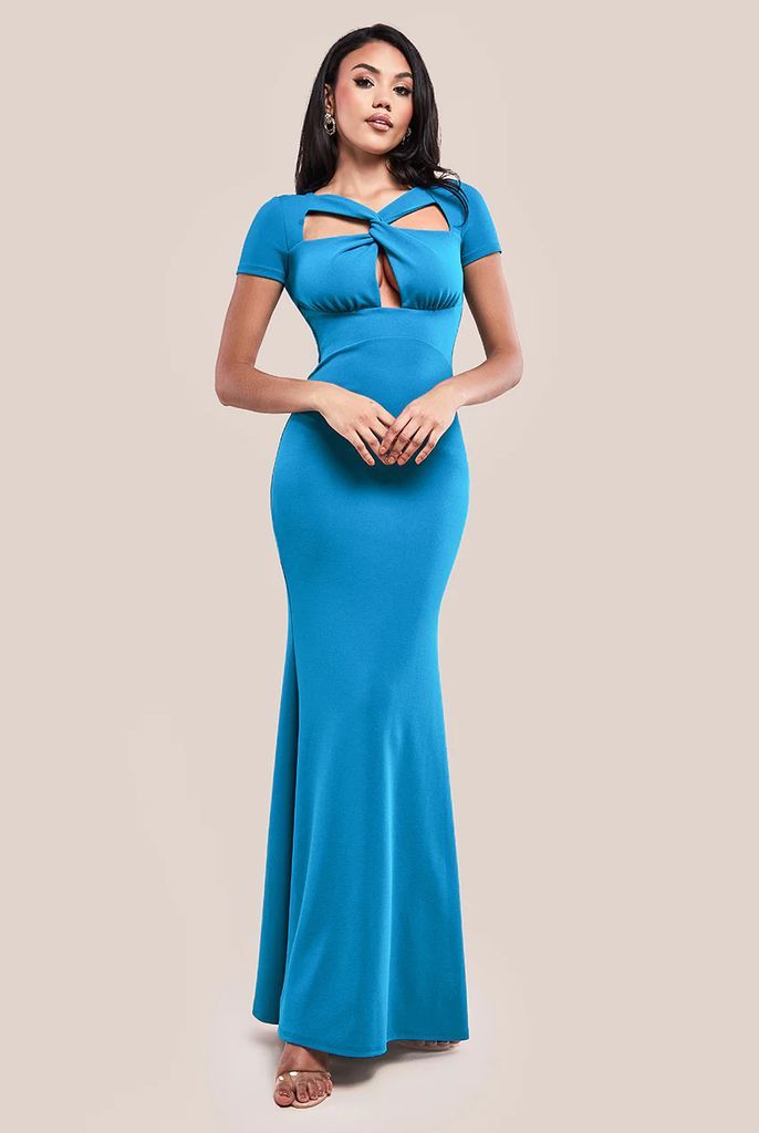 Scuba Crepe Twist Cutout Maxi Dress - Teal Blue