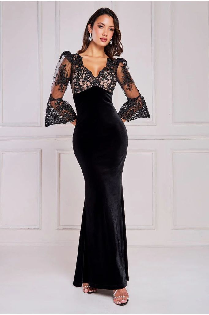 Scalloped Lace & Velvet Maxi Dress - Black