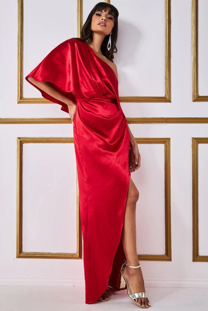 Satin Drape Shoulder Wrap Maxi Dress - Red