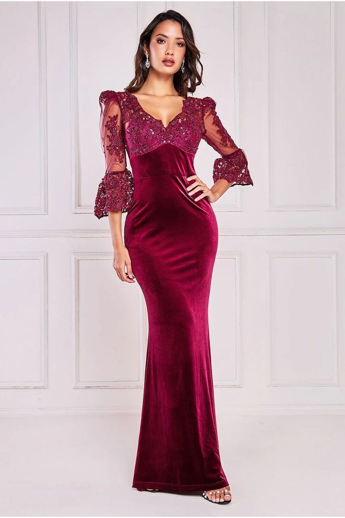 Scalloped Lace & Velvet Maxi Dress - Burgundy
