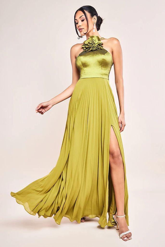 Pleated Chiffon Corsage Halter Strappy Maxi Dress - Olive Green