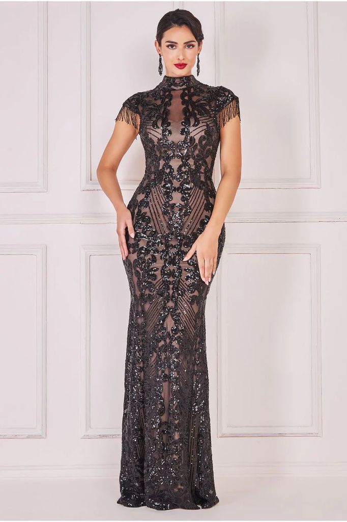 Embroidered Sequin Beaded Cap Sleeve Maxi - Black