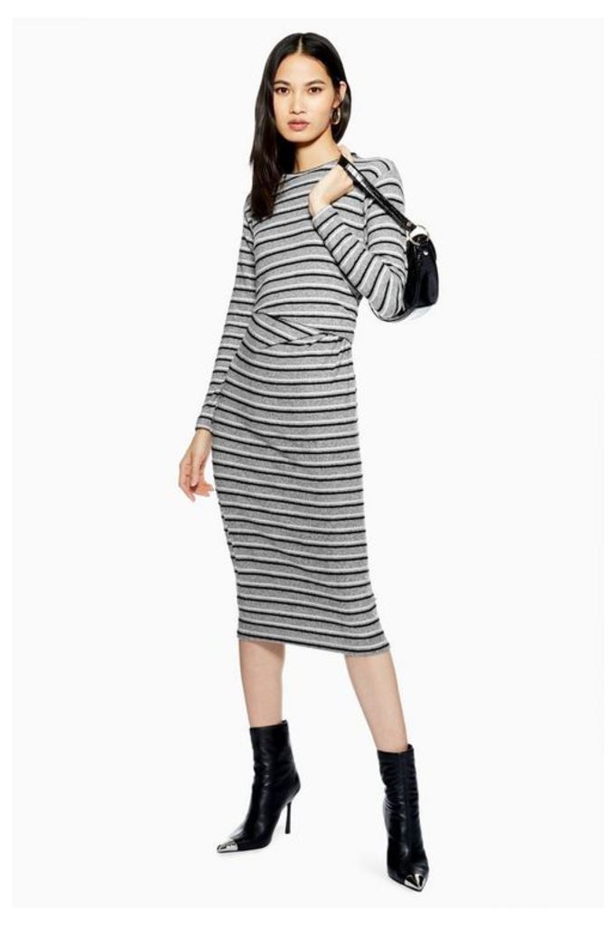 Womens Stripe Ruched Midi Dress - Grey, Grey