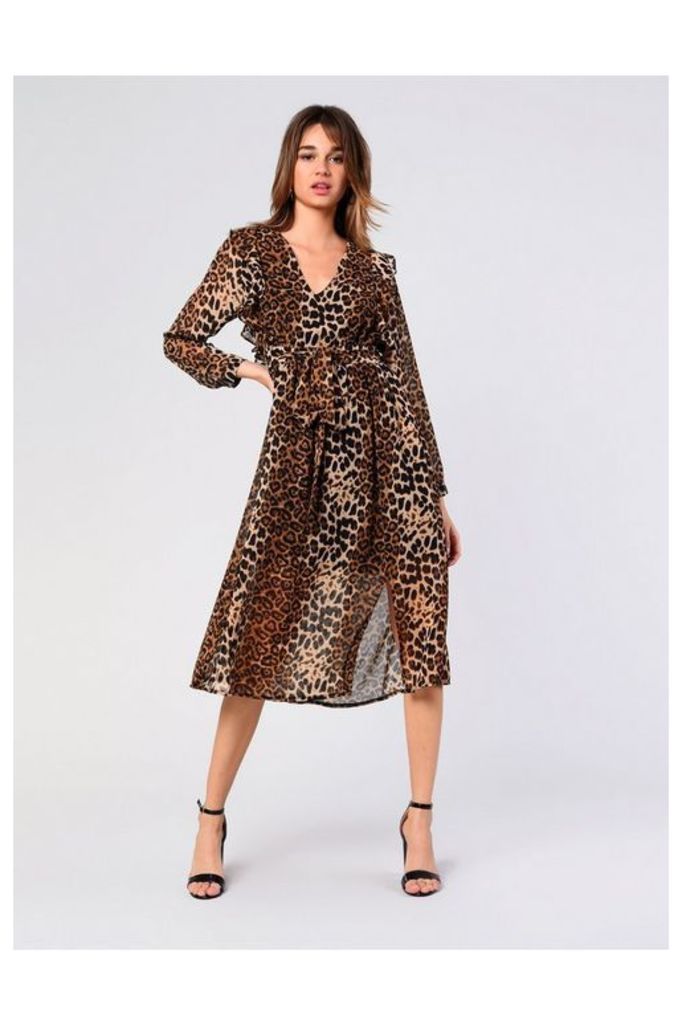 Womens **Leopard Plunge Midi Dress By Glamorous - Brown, Brown