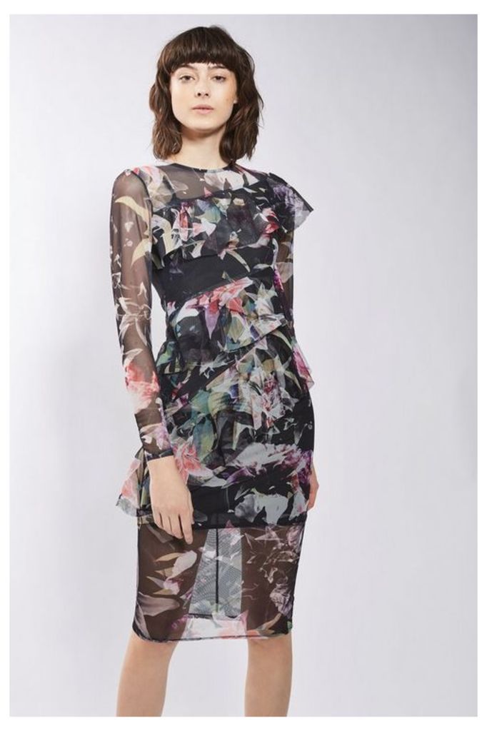 Womens Floral Print Mesh Ruffle Midi Dress - Multi, Multi