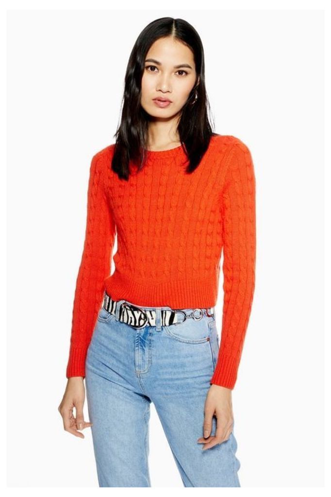 Womens Cable Crop Jumper With Cashmere - Coral, Coral