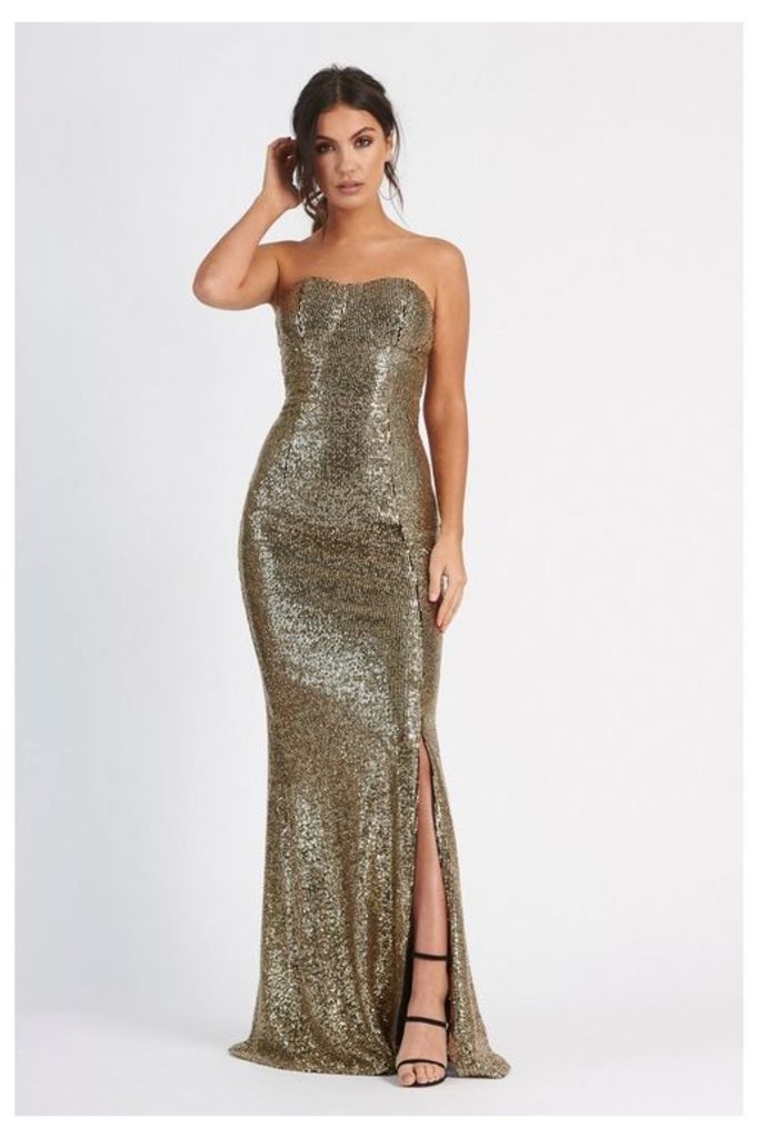 Womens **Sequin Bandeau Fishtail Maxi Dress By Club L - Gold, Gold