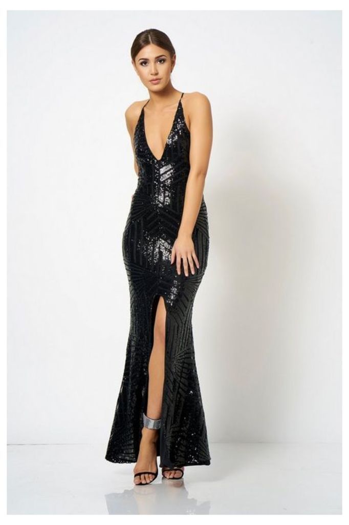 Womens **Geometric Sequin Maxi Dress By Club L - Black, Black