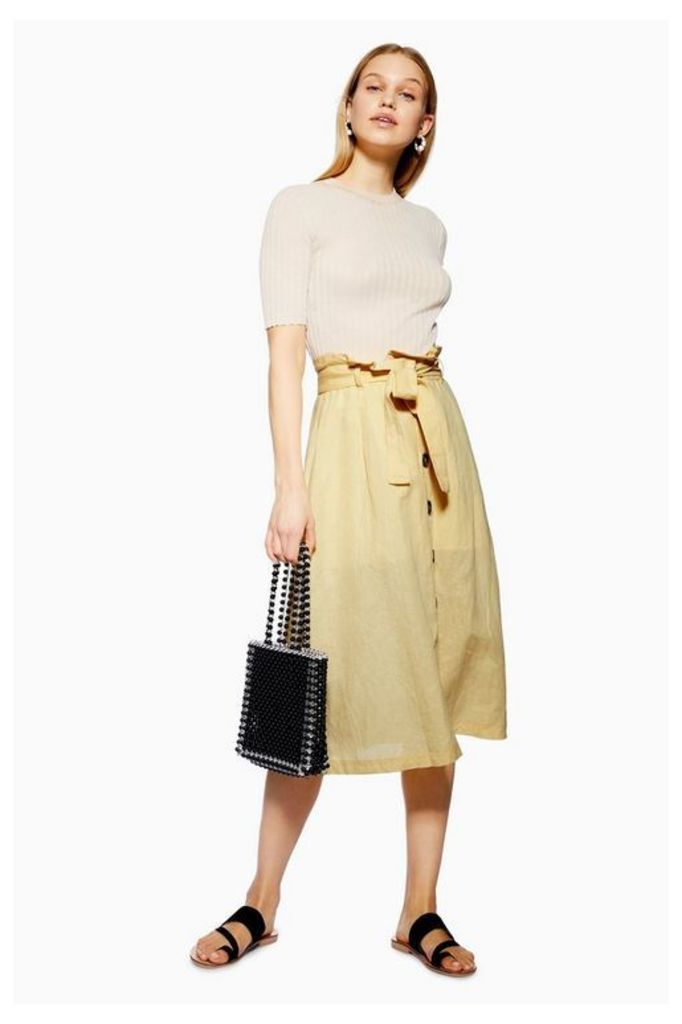 Womens Button Midi Skirt With Linen - Lemon, Lemon