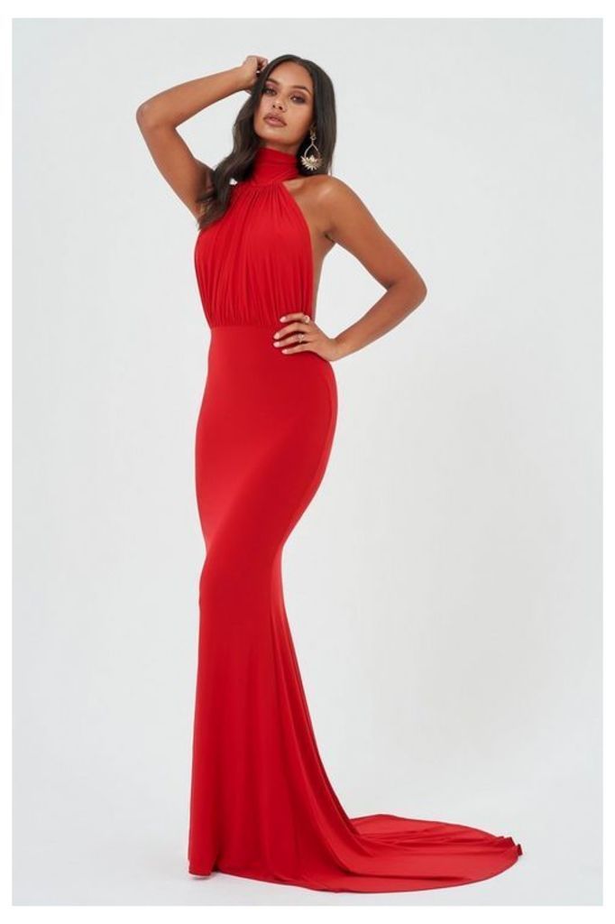 Womens **Red Backless Halter Maxi Dress By Club L - Red, Red