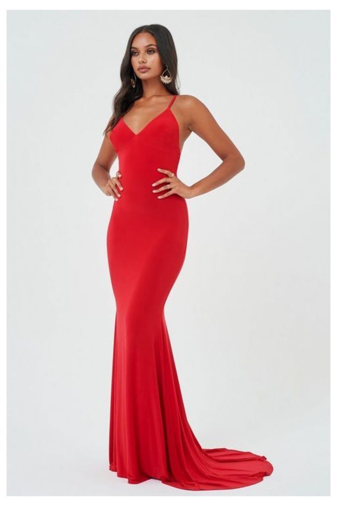 Womens **Red Cross Back Fishtail Maxi Dress By Club L - Red, Red