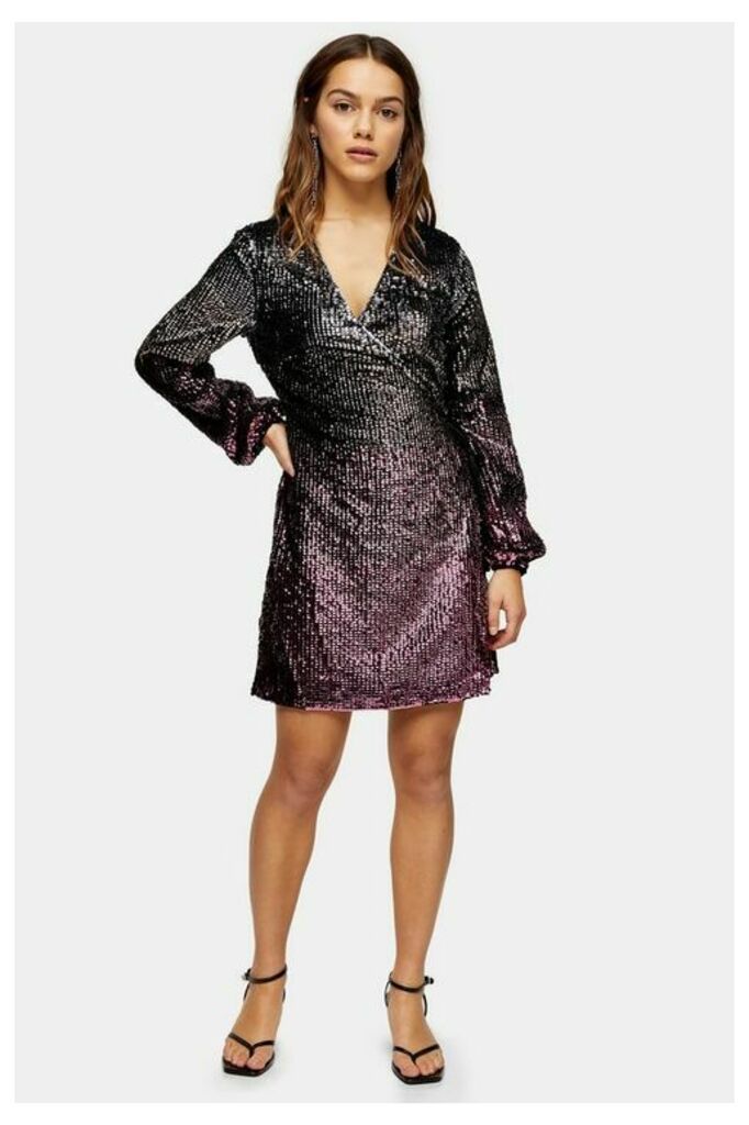 Womens Petite Ombre Sequin Wrap Dress - Pink, Pink