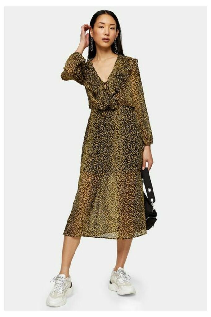 Womens Leopard Print Ruffle Midi Dress - Mustard, Mustard