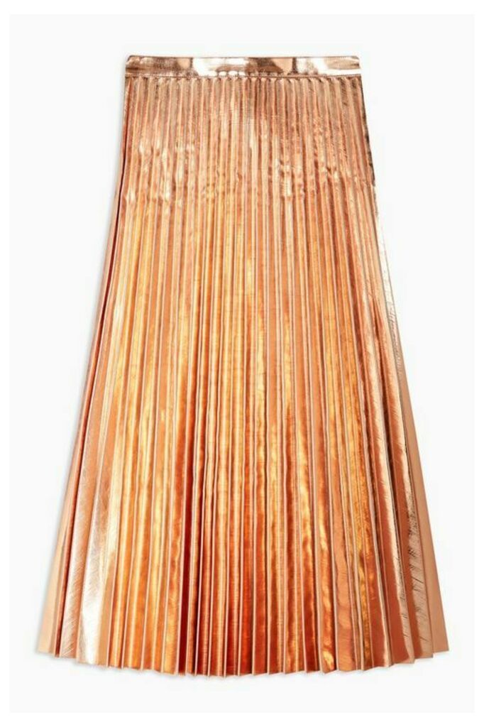 Womens Rose Gold Metallic Pu Pleated Midi Skirt - Rose Gold, Rose Gold