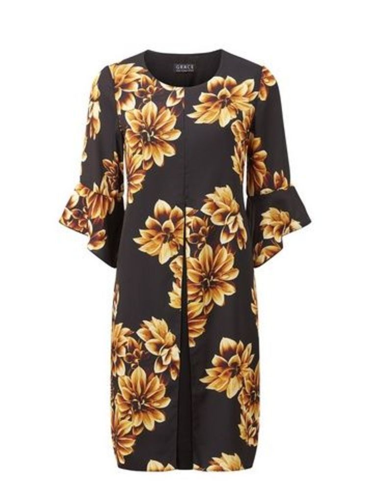 **Grace Yellow Floral Print Shift Chiffon Dress, Black