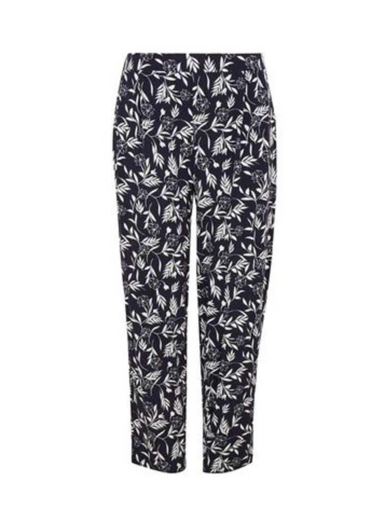 Navy Blue Floral Print Tapered Trousers, Navy