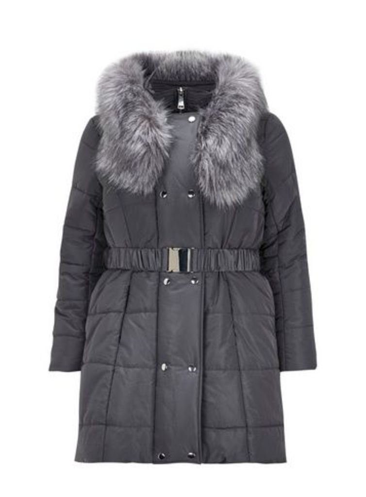 Grey Faux Fur Belted Padded Coat, Grey